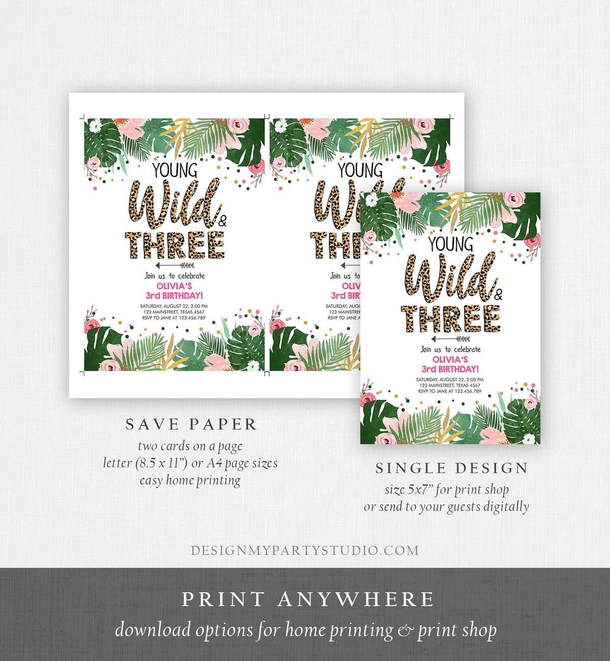 Editable Young Wild and Three Birthday Invitation Girl Tropical Safari Leopard Print Wild and Three Download Corjl Template Printable 0332