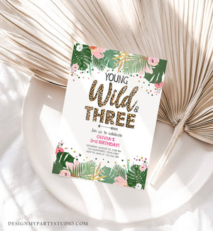 Editable Young Wild and Three Birthday Invitation Girl Tropical Safari Leopard Print Wild and Three Download Corjl Template Printable 0332