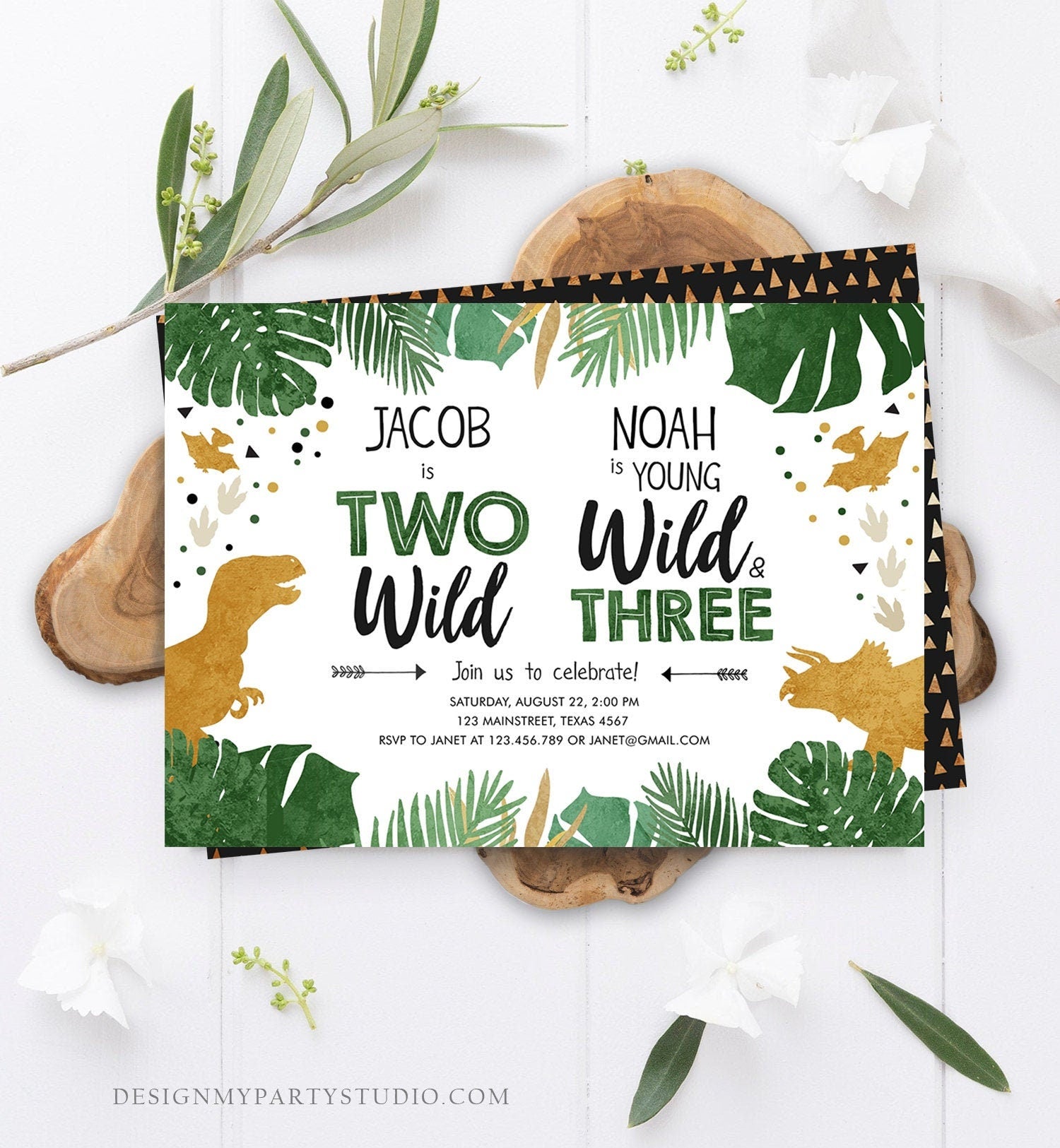 Editable Two Wild Young Wild and Three Dinosaur Birthday Invitation Dino T-Rex Second Third Boy Siblings Joint Gold Corjl Template 0146
