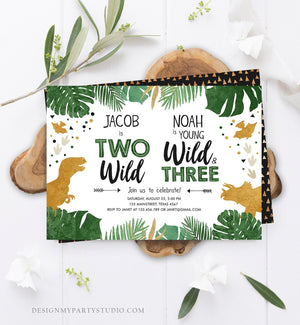 Editable Two Wild Young Wild and Three Dinosaur Birthday Invitation Dino T-Rex Second Third Boy Siblings Joint Gold Corjl Template 0146