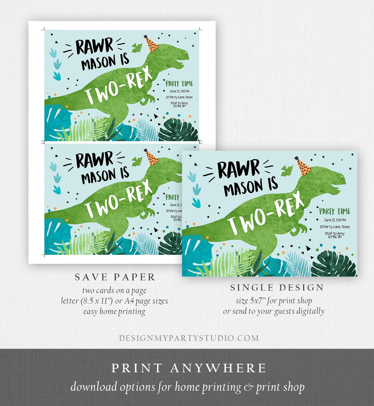 Editable Two-Rex Dinosaur Birthday Invitation Dino T-Rex Second Birthday 2nd RAWR Boy Green Blue Prehistoric Printable Corjl Template 0389