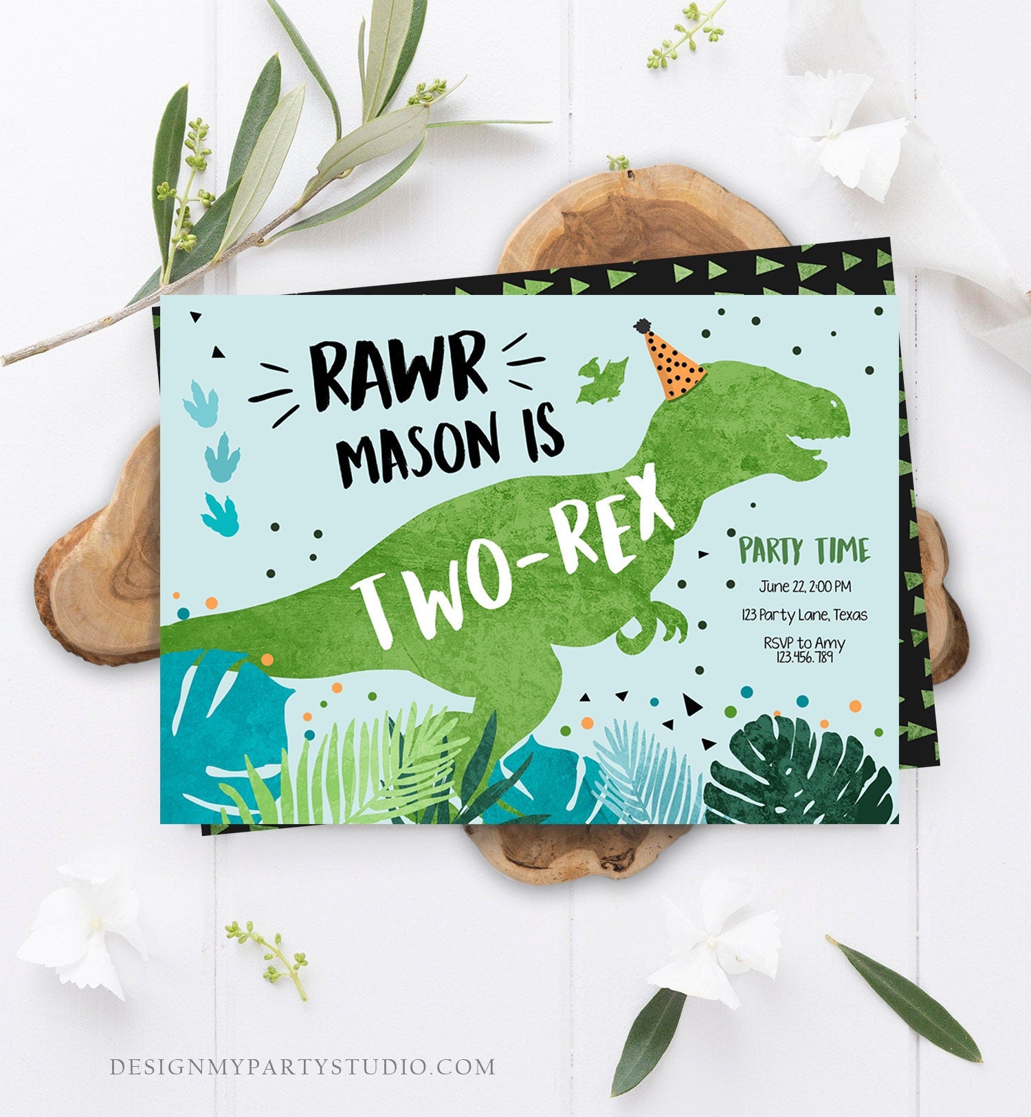 Editable Two-Rex Dinosaur Birthday Invitation Dino T-Rex Second Birthday 2nd RAWR Boy Green Blue Prehistoric Printable Corjl Template 0389