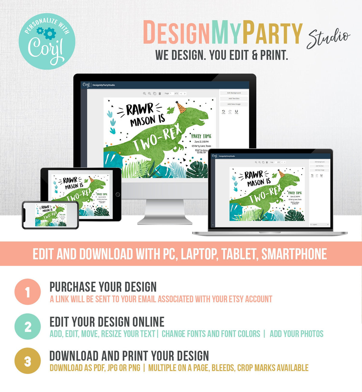 Editable Two-Rex Dinosaur Birthday Invitation Dino T-Rex Second Birthday 2nd Boy Blue Prehistoric Printable Digital Evite Template 0389