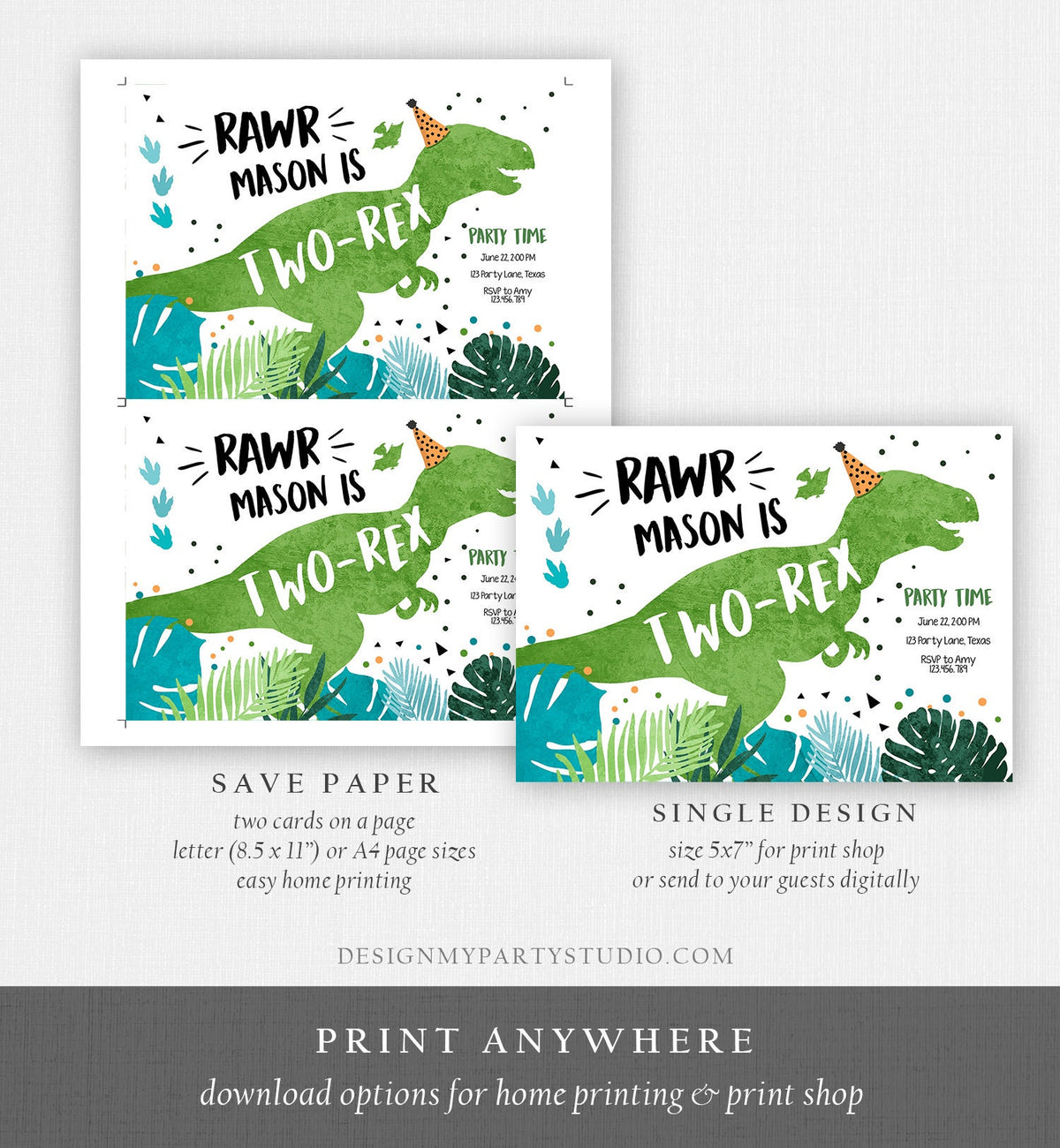Editable Two-Rex Dinosaur Birthday Invitation Dino T-Rex Second Birthday 2nd Boy Blue Prehistoric Printable Digital Evite Template 0389