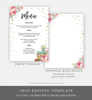 Editable Travel Menu Card Bridal Shower Pink Floral Gold Confetti Baby Shower Suitcases Adventure Download Corjl Template Printable 0030