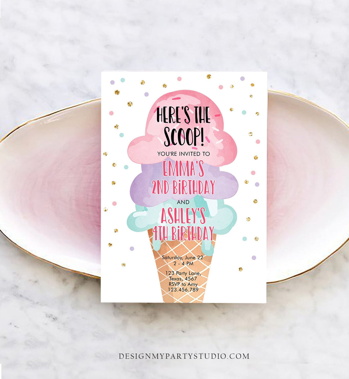 Editable Ice Cream Birthday Invitation Coed Joint Sisters Party Here's the Scoop Cone Pink Mint Gold Purple Digital Template Printable 0243