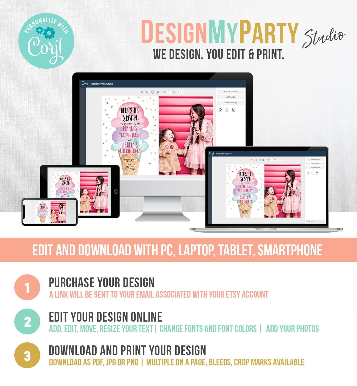 Editable Ice Cream Birthday Invitation Coed Joint Sisters Party Here's the Scoop Cone Pink Mint Gold Purple Template Corjl Printable 0243