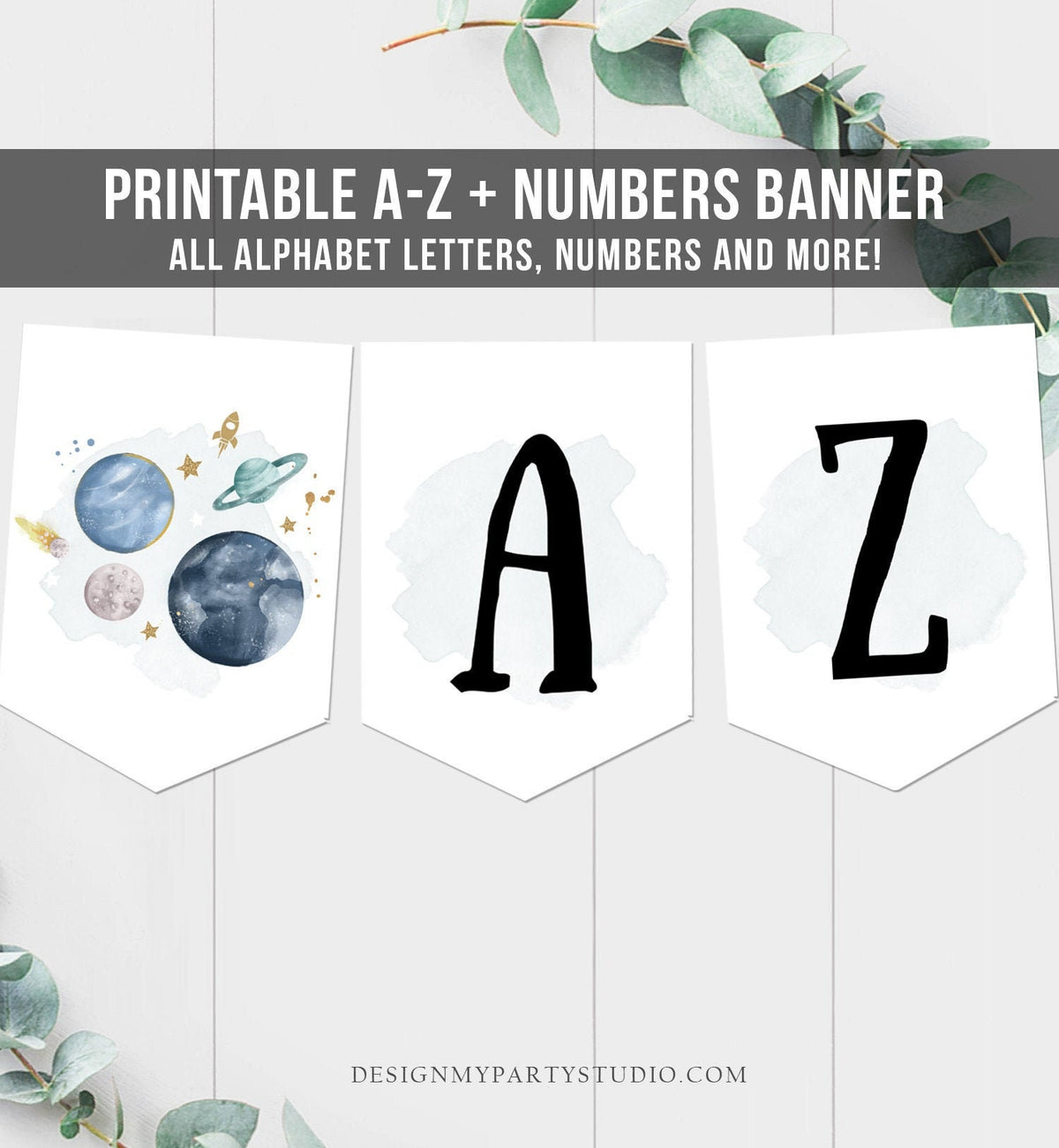 Space Alphabet Banner Letters A to Z Numbers Space Birthday Banner Boy Blue Galaxy Party Decor DIY Baby Shower Banner DIY Printable 0357