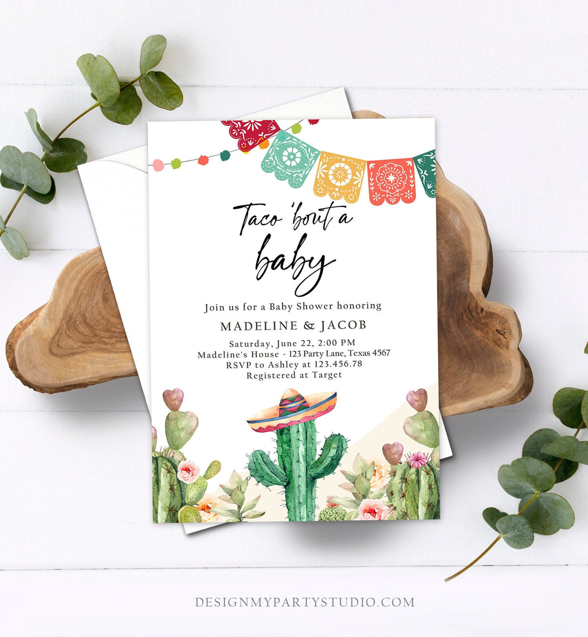 Editable Taco Bout a Baby Shower Invitation Cactus Mexican Fiesta Baby Shower Desert Floral Digital Download Evite Template Printable 0404