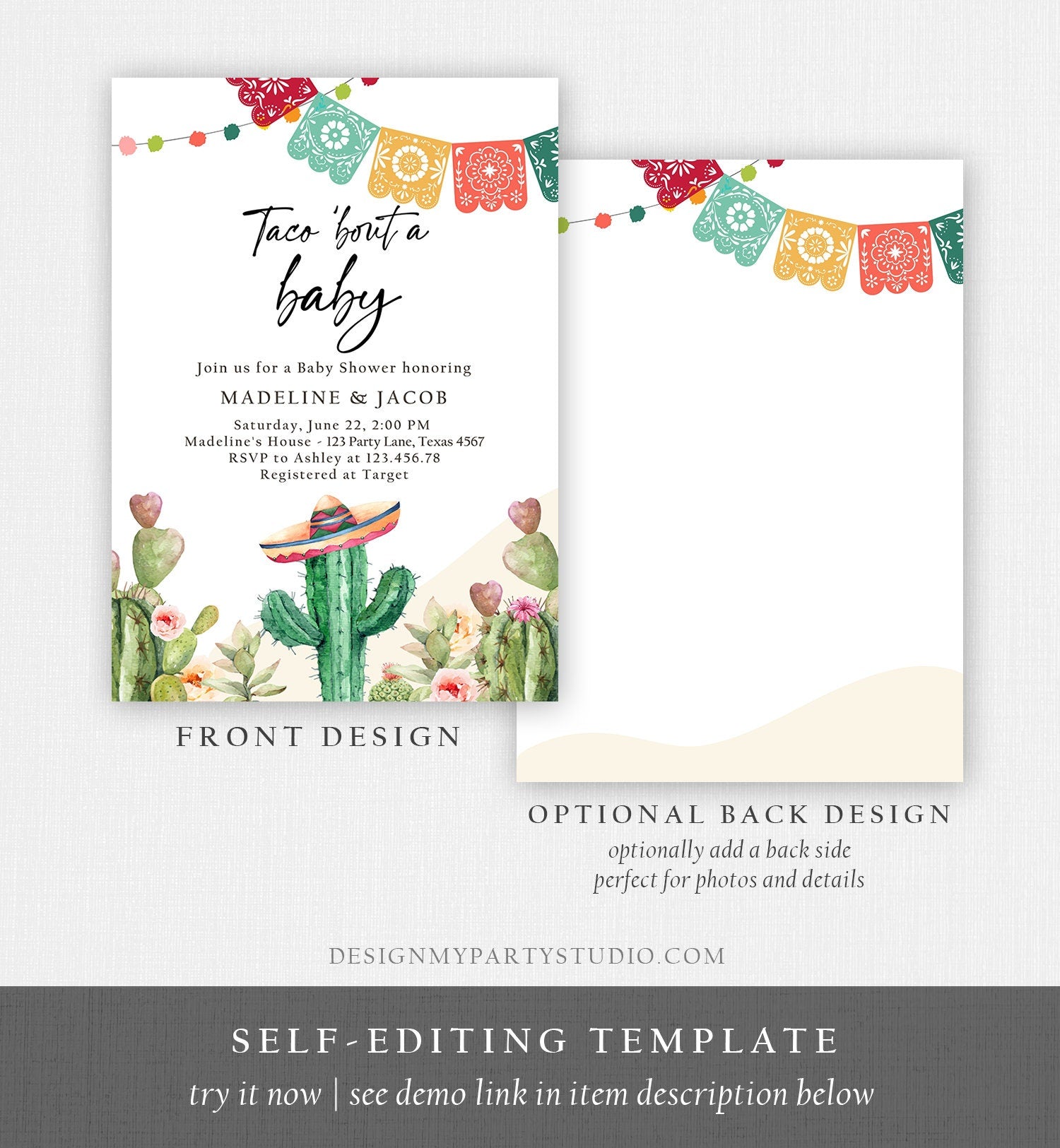 Editable Taco Bout a Baby Shower Invitation Cactus Mexican Fiesta Baby Shower Desert Floral Digital Download Evite Template Printable 0404