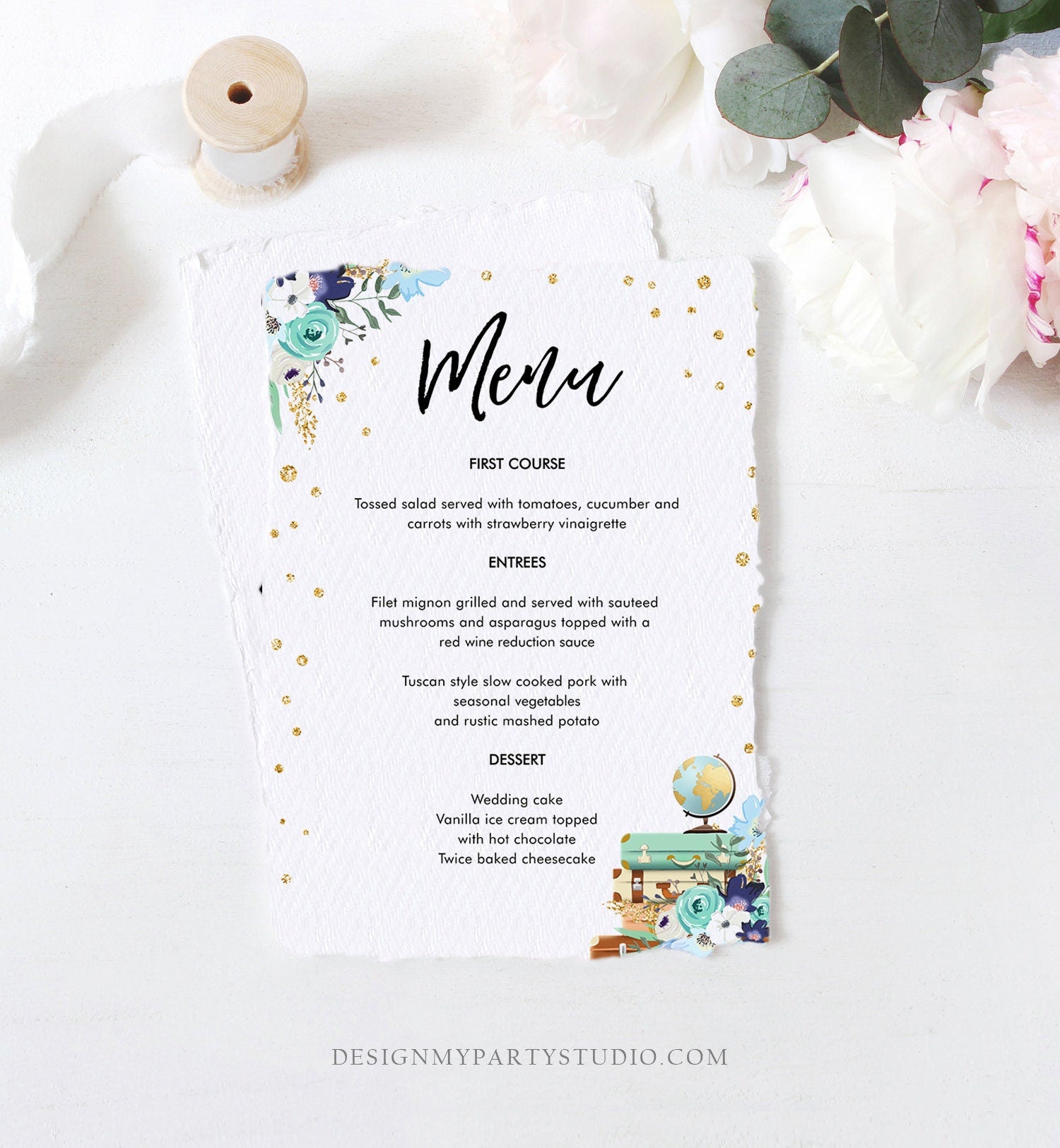 Editable Travel Menu Card Bridal Shower Pink Floral Gold Confetti Baby Shower Suitcases Adventure Digital Download Template Printable 0030