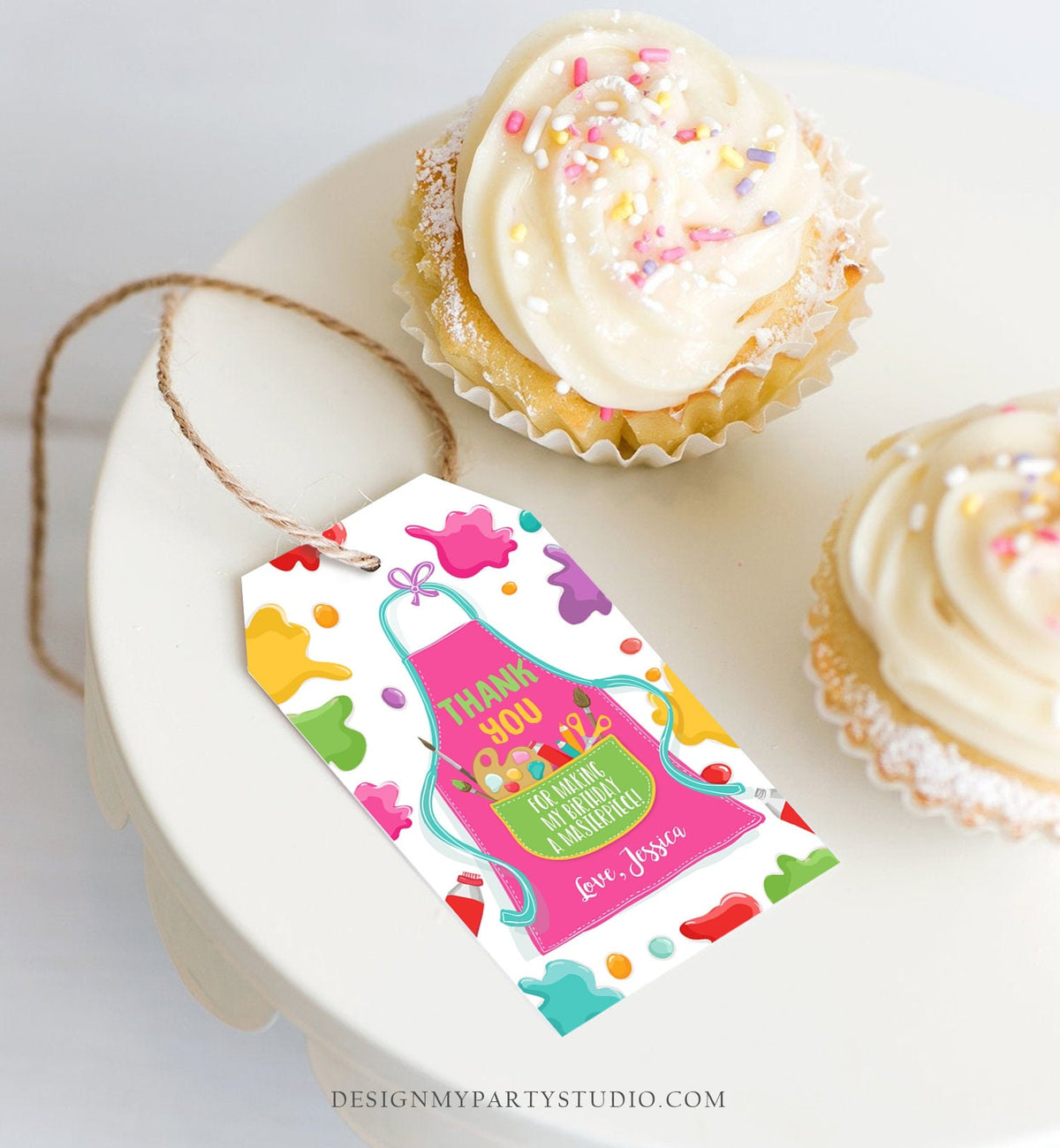 Editable Art Party Favor Tags Painting Party Thank You Tag Gift Tag Art Birthday Girl Pink Craft Paint Brush Corjl Template Printable 0319