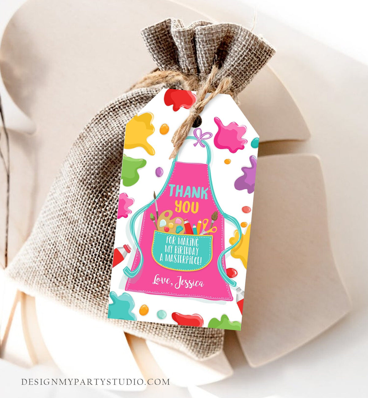 Editable Art Party Favor Tags Painting Party Thank You Tag Gift Tag Art Birthday Girl Pink Craft Paint Brush Corjl Template Printable 0319