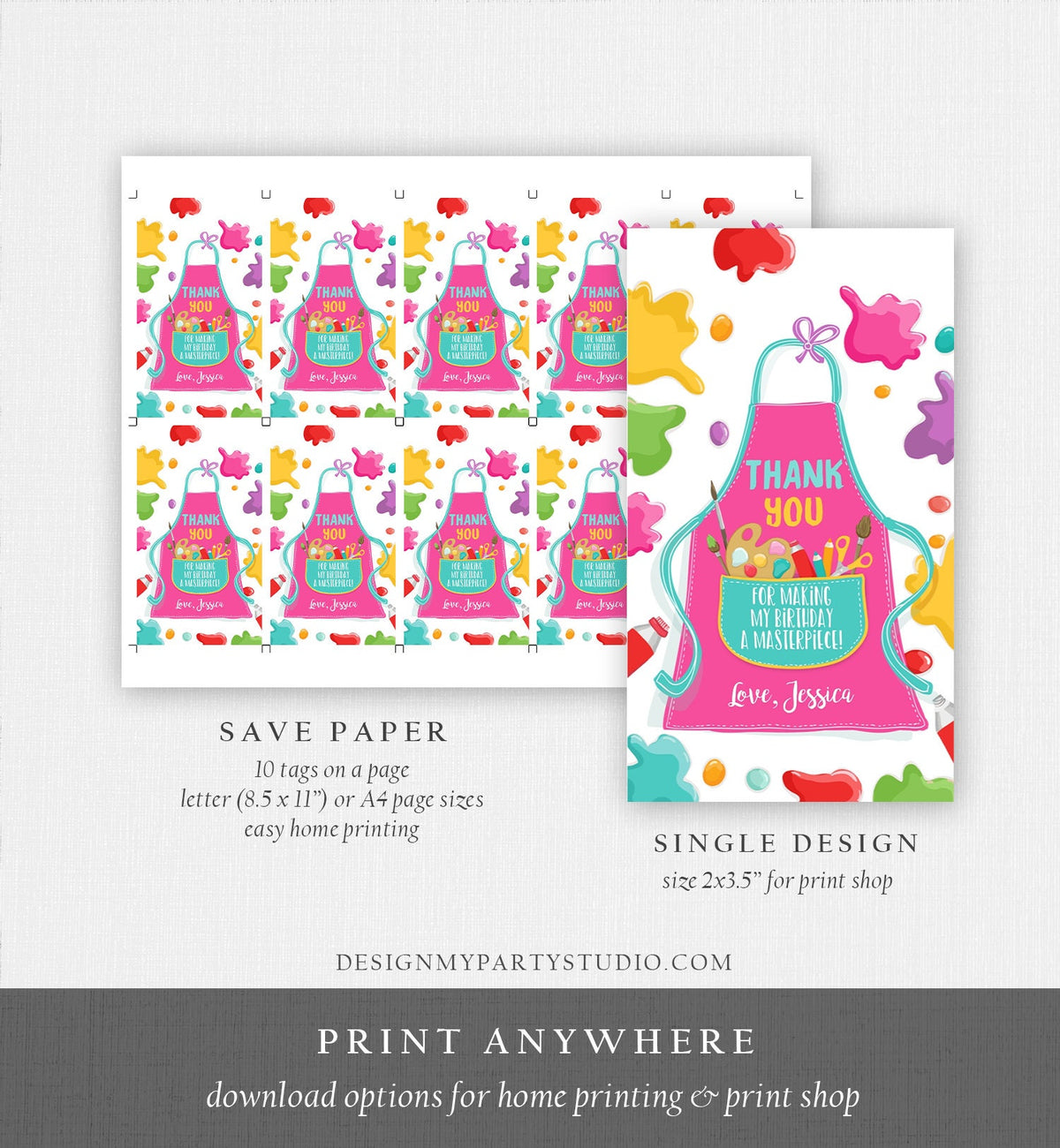 Editable Art Party Favor Tags Painting Party Thank You Tag Gift Tag Art Birthday Girl Pink Craft Paint Brush Corjl Template Printable 0319