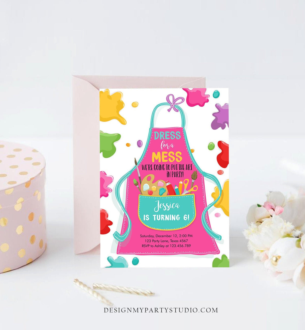 Editable Painting Party Invitation Art Party Birthday Dress for a Mess Girl Pink Paint Craft Digital Download Evite Template Printable 0319