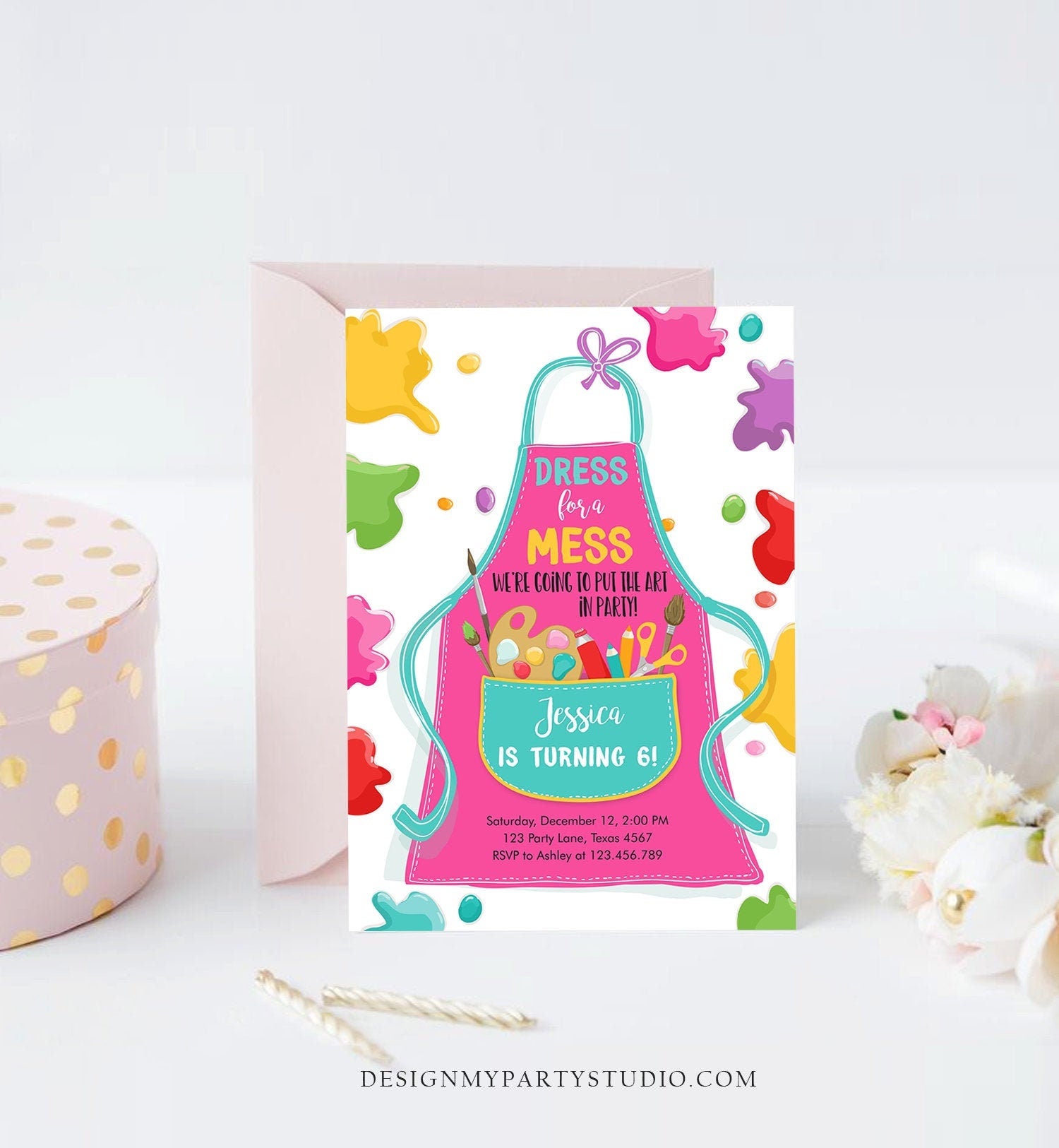 Editable Painting Party Invitation Art Party Birthday Dress for a Mess Girl Pink Paint Craft Digital Download Evite Template Printable 0319