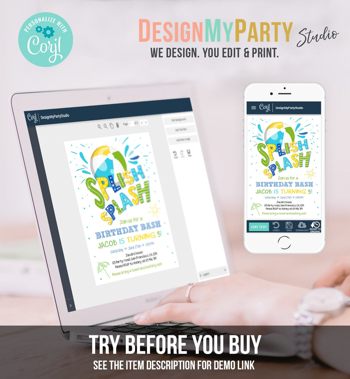 Editable Splish Splash Birthday Invitation Pool Party Boy Beach Ball Blue Green Birthday Bash Download Printable Invite Template Evite 0169