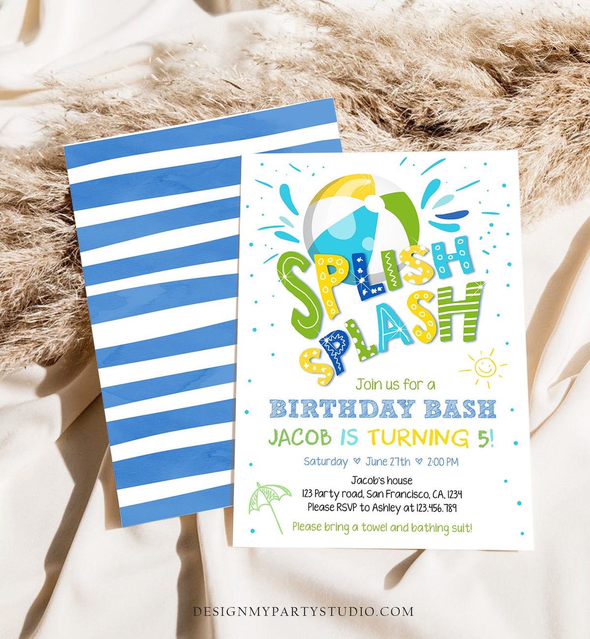 Editable Splish Splash Birthday Invitation Pool Party Boy Beach Ball Blue Green Birthday Bash Download Printable Invite Template Evite 0169