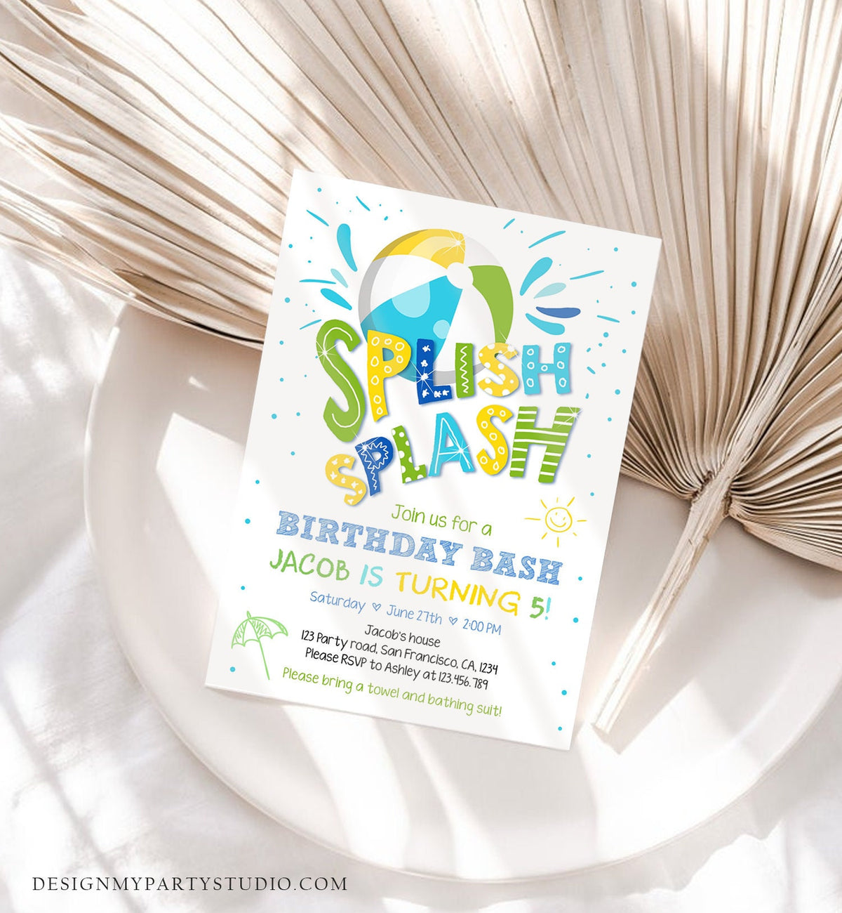 Editable Splish Splash Birthday Invitation Pool Party Boy Beach Ball Blue Green Birthday Bash Download Printable Invite Template Evite 0169