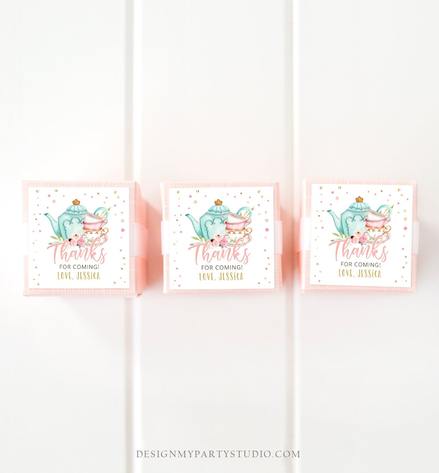 Editable Tea Party Favor Tag Sticker Baby Shower Baby is Brewing Floral Pink Gold Whimsical Girl Square Round Template Corjl Printable 0349