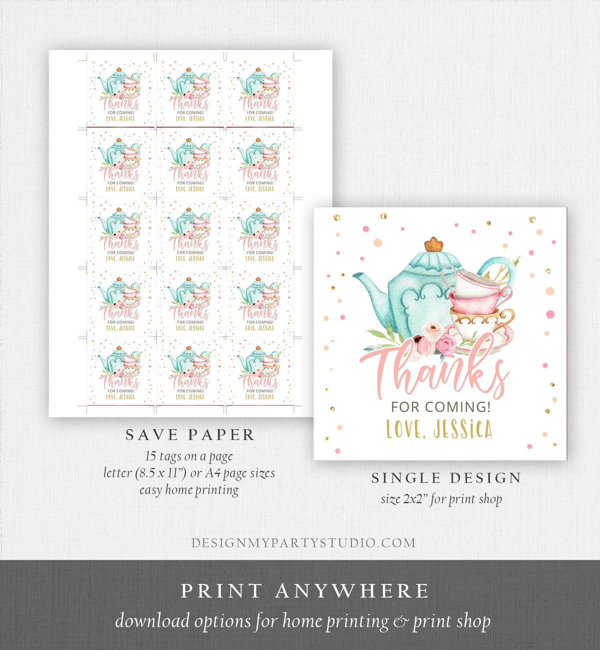 Editable Tea Party Favor Tag Sticker Baby Shower Baby is Brewing Floral Pink Gold Whimsical Girl Square Round Template Corjl Printable 0349