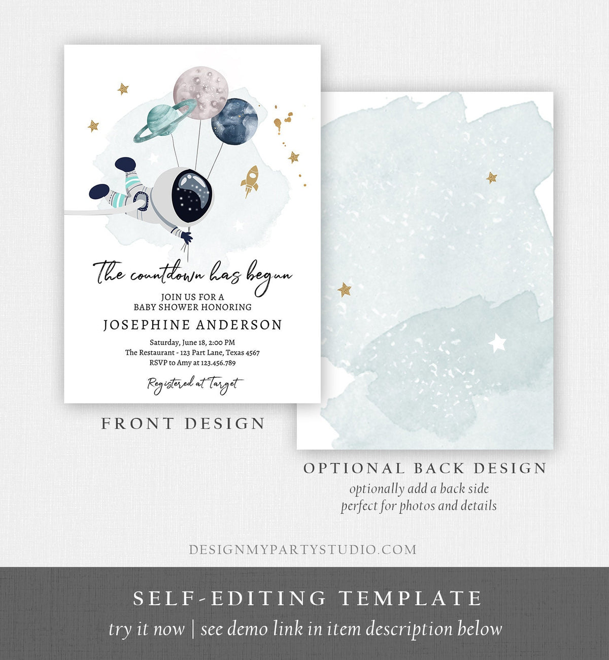 Editable Space Baby Shower Invitation Galaxy Outer Space It&#39;s a Boy Gold Planets Moon Countdown Invite Template Instant Download Corjl 0366