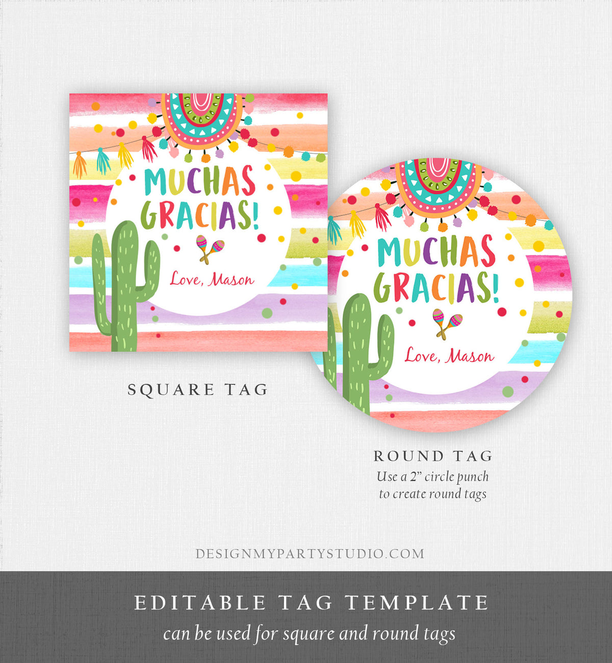 Editable Fiesta Favor Tag Muchas Gracias Thank You Tag Cactus Succulent Mexican Boy Birthday Baby Bridal Shower Taco Template Printable 0134