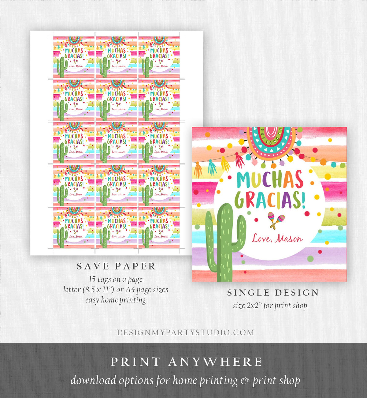 Editable Fiesta Favor Tag Muchas Gracias Thank You Tag Cactus Succulent Mexican Boy Birthday Baby Bridal Shower Taco Template Printable 0134