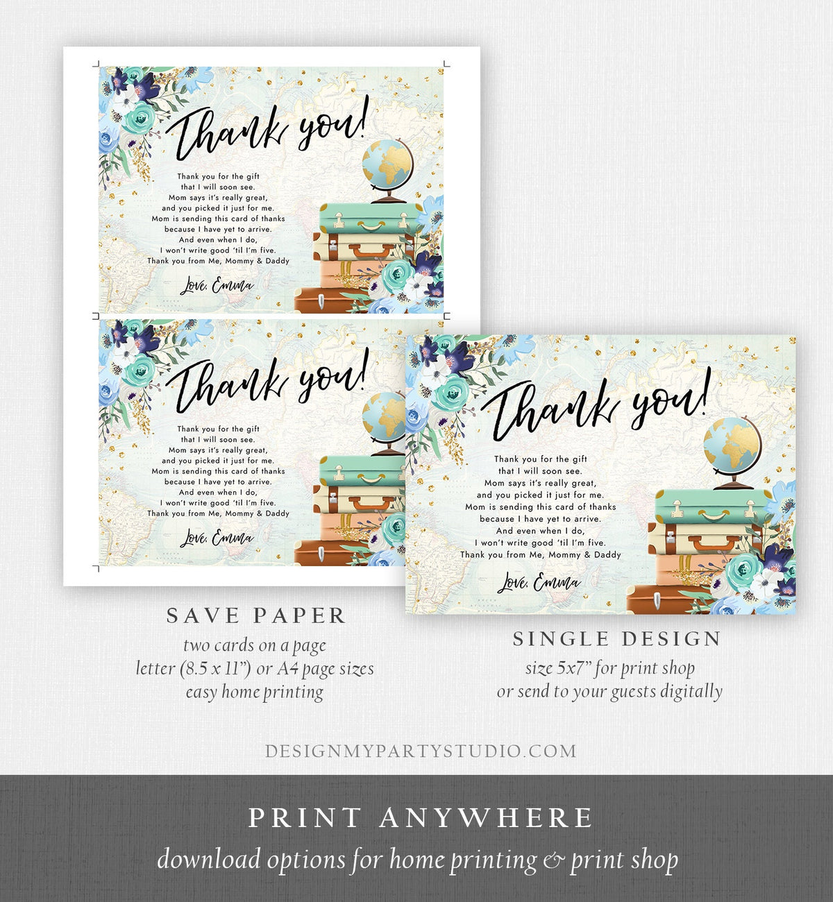 Editable Travel Thank You Card Bridal Shower Thank You Note Adventure Birthday Baby Shower Suitcases Blue Floral Map Template Printable 0030