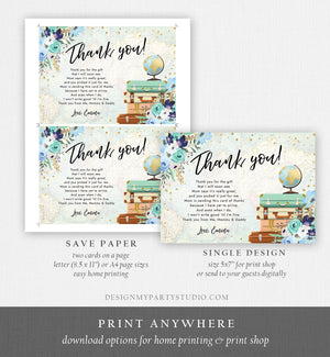 Editable Travel Thank You Card Bridal Shower Thank You Note Adventure Birthday Baby Shower Suitcases Blue Floral Map Corjl Template 0030