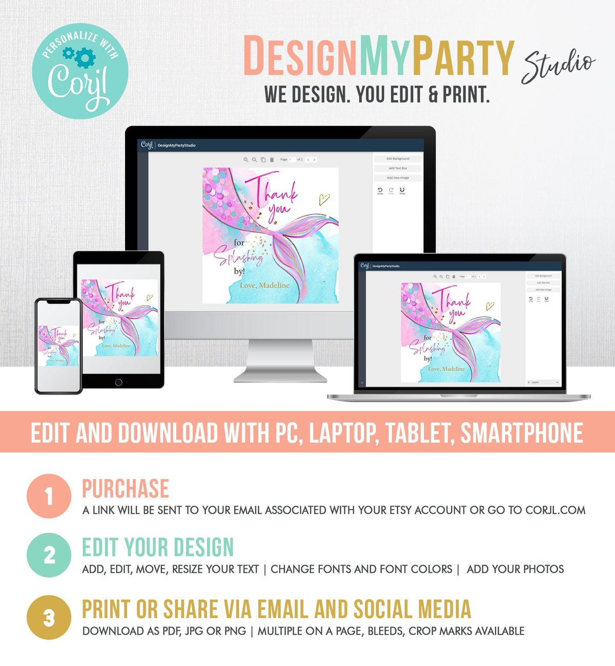 Editable Mermaid Birthday Favor Tags Under The Sea Thank You Tag Mermaid Party Mermaid Stickers Digital Download Template Printable 0403