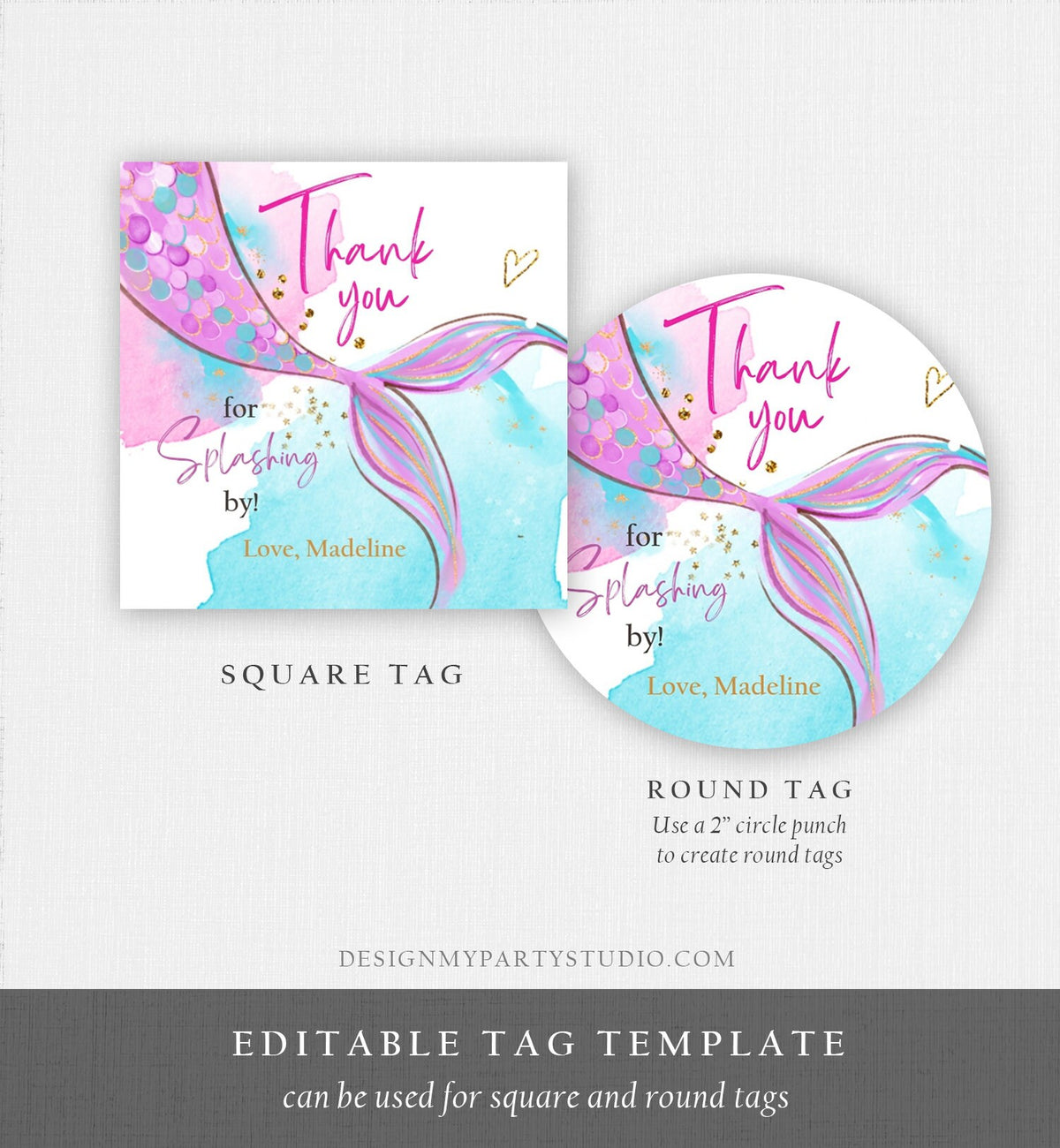 Editable Mermaid Birthday Favor Tags Under The Sea Thank You Tag Mermaid Party Mermaid Stickers Digital Download Template Printable 0403