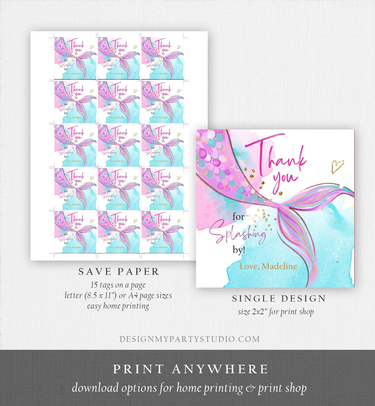 Editable Mermaid Birthday Favor Tags Under The Sea Thank You Tag Mermaid Party Mermaid Stickers Digital Download Template Printable 0403
