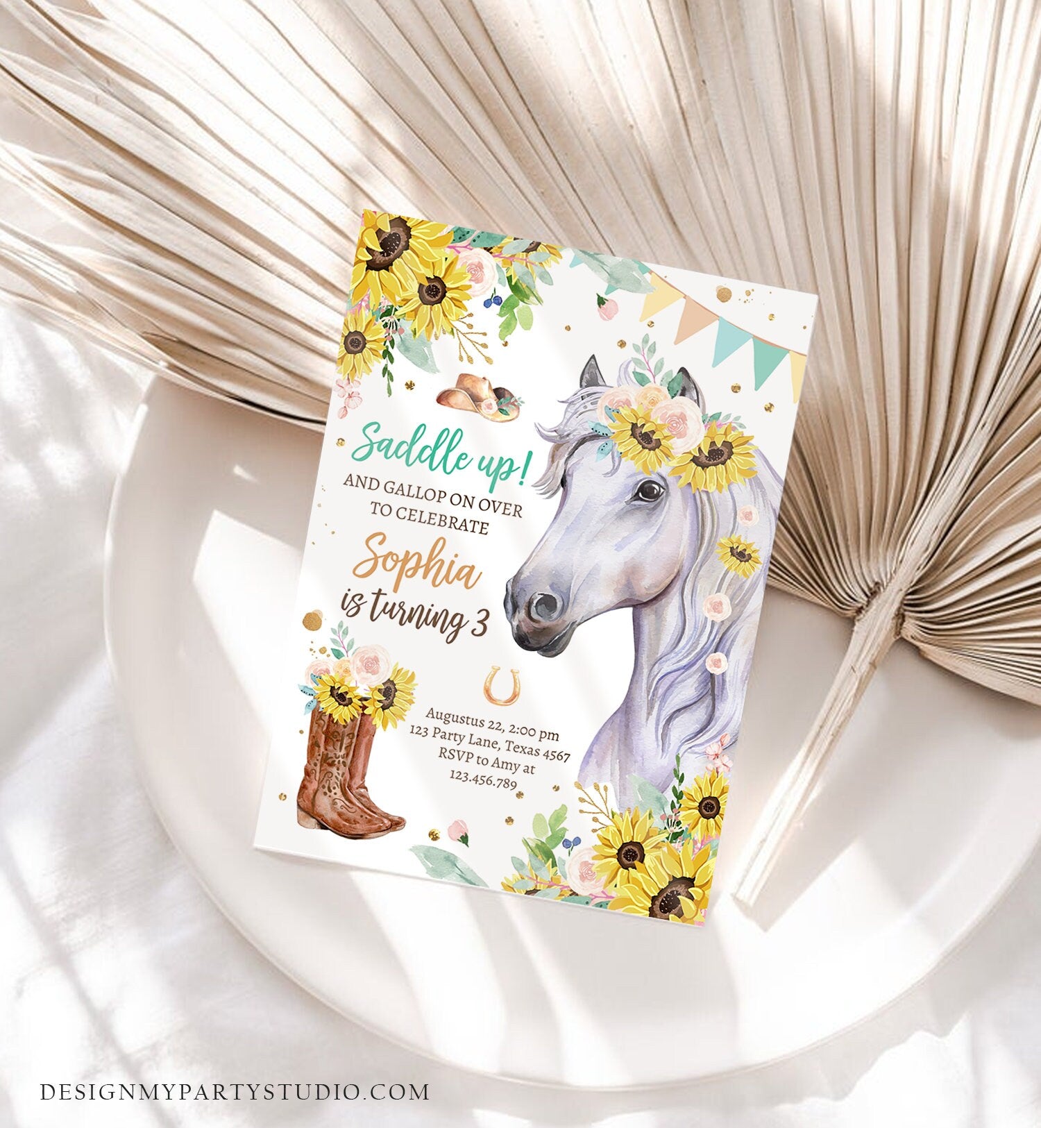Editable Cowgirl Birthday Invitation Girl Saddle Up Watercolor Horse Party Horse Birthday Sunflowers Download Printable Template Corjl 0408