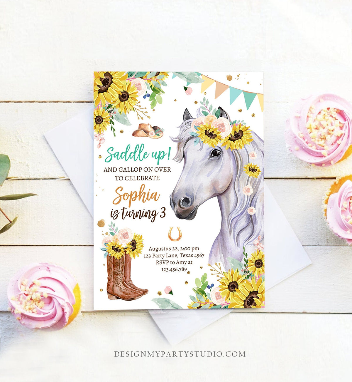 Editable Cowgirl Birthday Invitation Girl Saddle Up Watercolor Horse Horse Birthday Sunflowers Digital Download Template Printable 0408