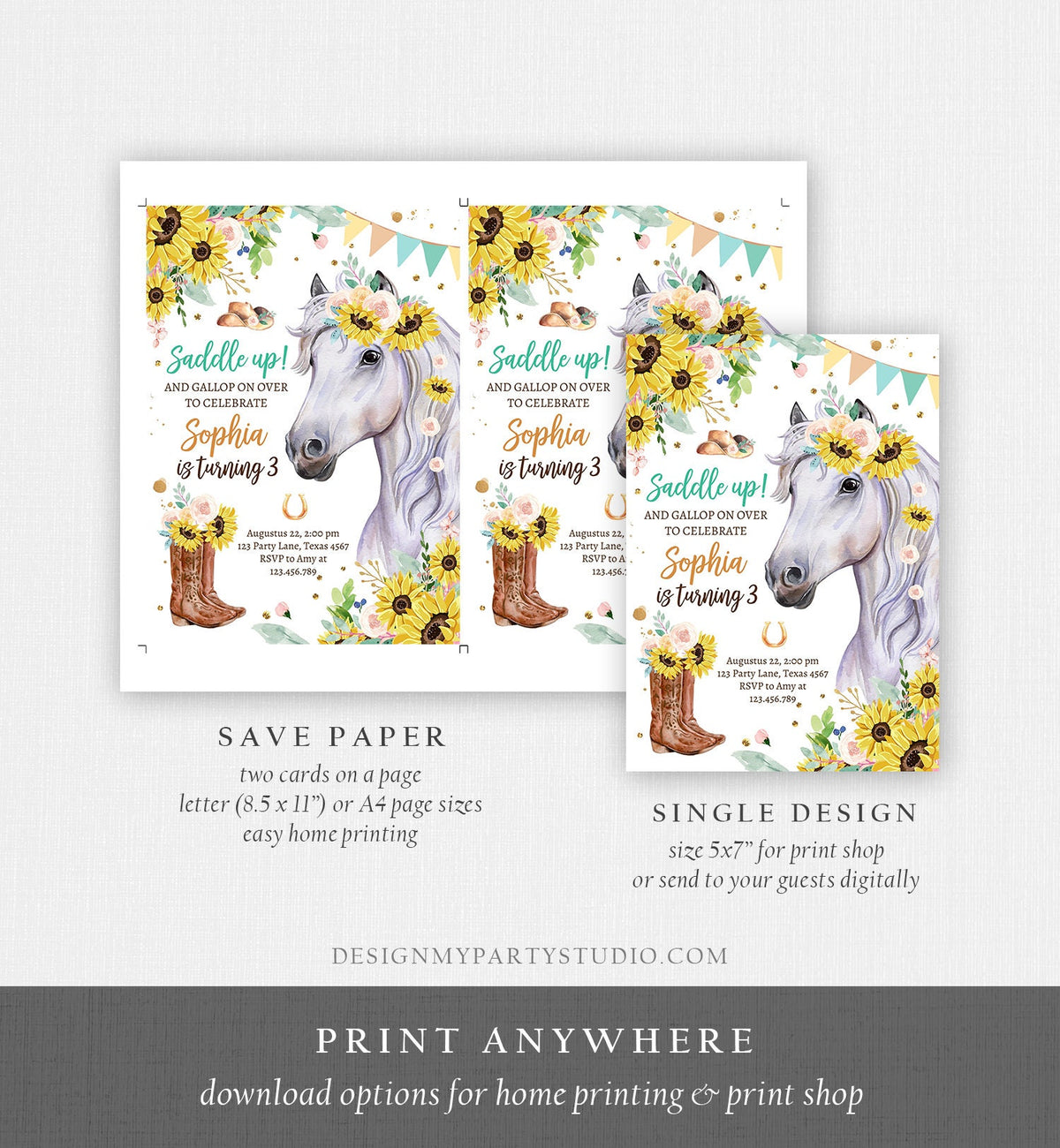 Editable Cowgirl Birthday Invitation Girl Saddle Up Watercolor Horse Horse Birthday Sunflowers Digital Download Template Printable 0408
