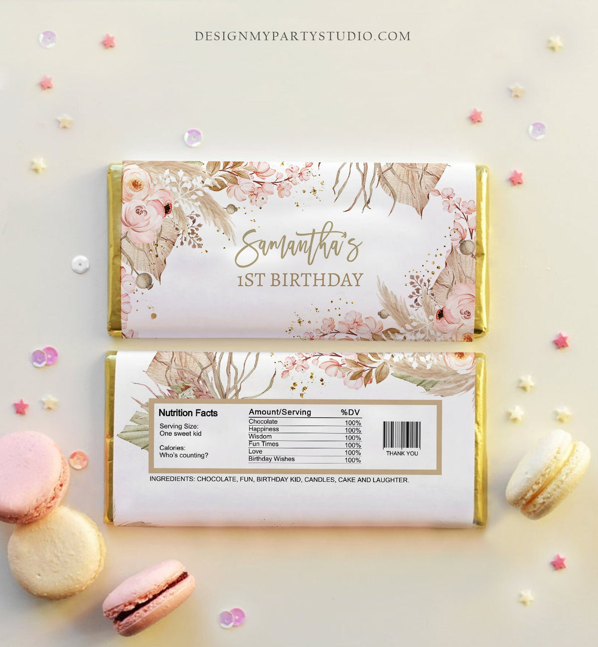Editable Candy Bar Wrapper Pampas Grass 1st Birthday Wrapper Boho Birthday Favors Party Girl Digital Download Template Printable 0395