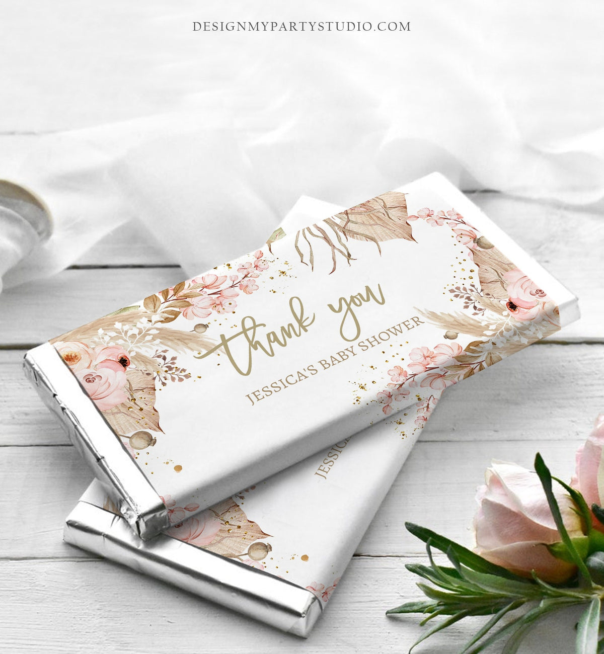 Editable Candy Bar Wrapper Pampas Grass Baby Shower Favor Wrapper Boho Birthday Favors Thank You Tropical Desert Girl PRINTABLE Corjl 0395