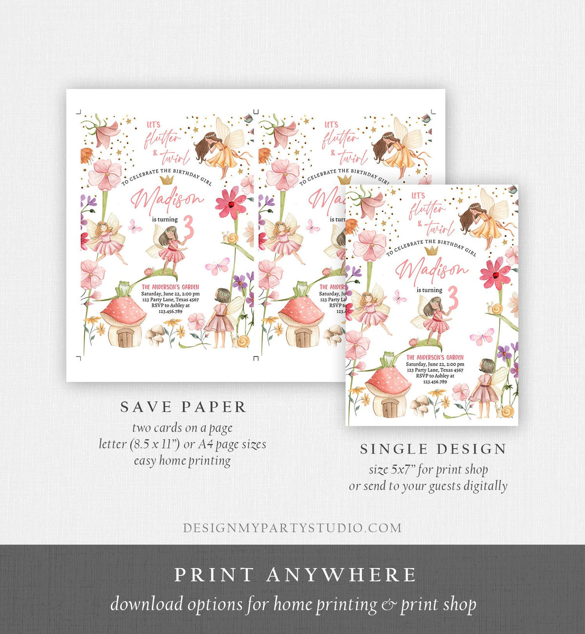 Editable Fairy Princess Birthday Invitation Girl Pink Floral Fairy Party Whimsical Garden Digital Download Evite Template Printable 0406