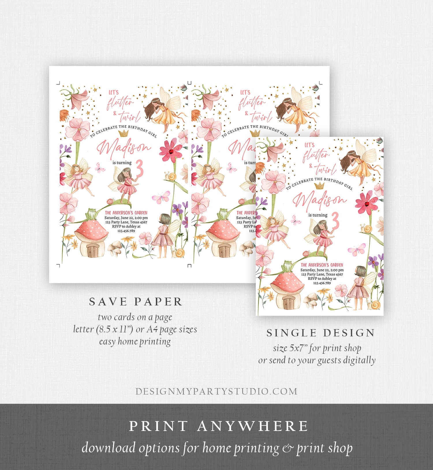 Editable Fairy Princess Birthday Invitation Girl Pink Floral Fairy Party Whimsical Garden Digital Download Evite Template Printable 0406