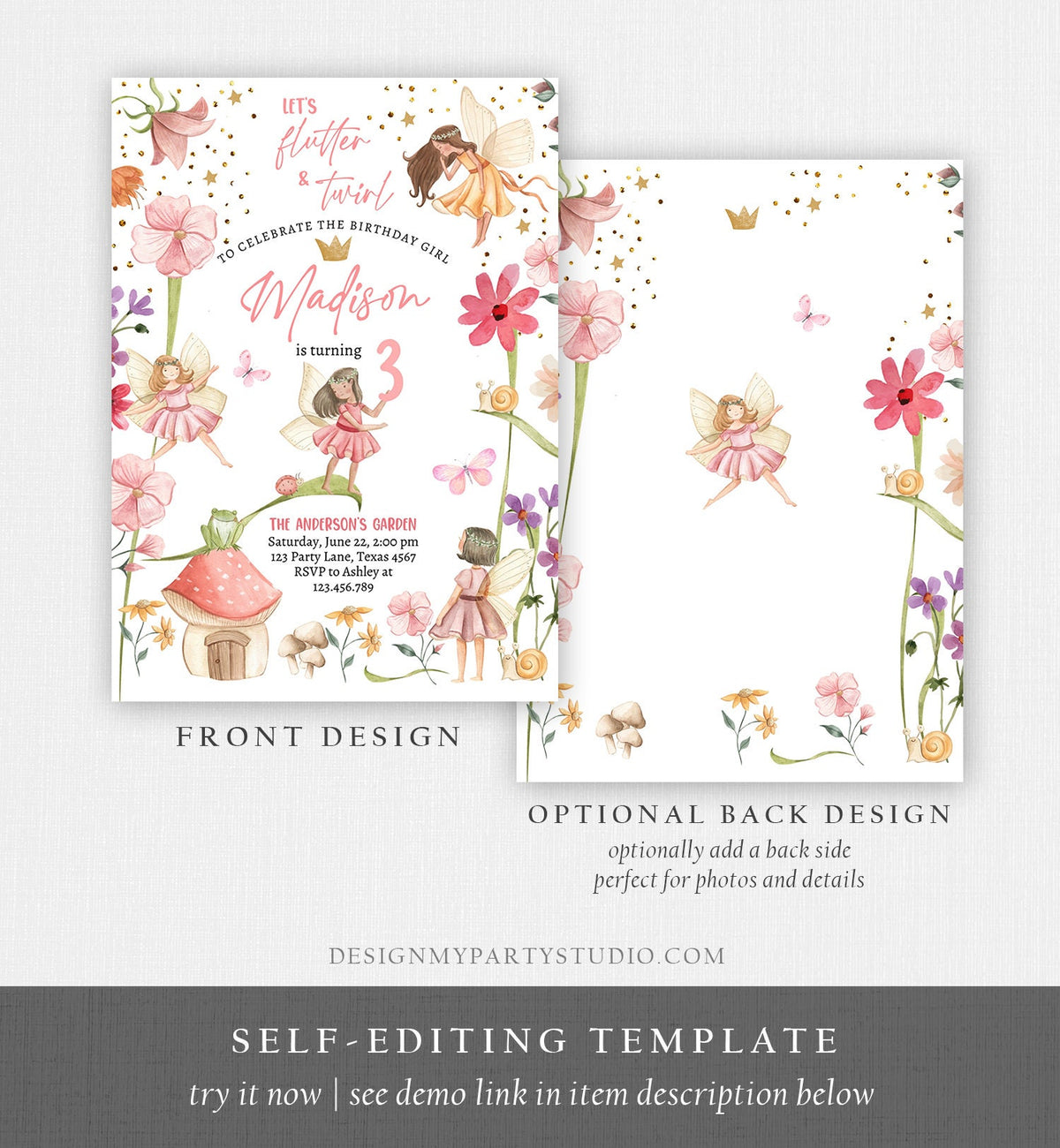 Editable Fairy Princess Birthday Invitation Girl Pink Floral Fairy Party Whimsical Garden Digital Download Evite Template Printable 0406