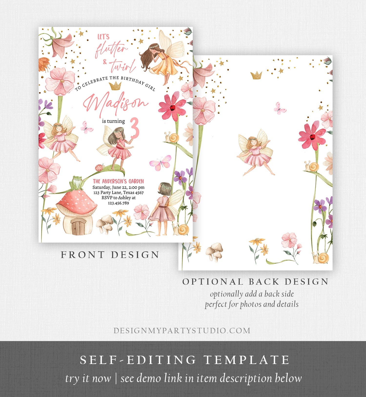Editable Fairy Princess Birthday Invitation Girl Pink Floral Fairy Party Whimsical Garden Digital Download Evite Template Printable 0406