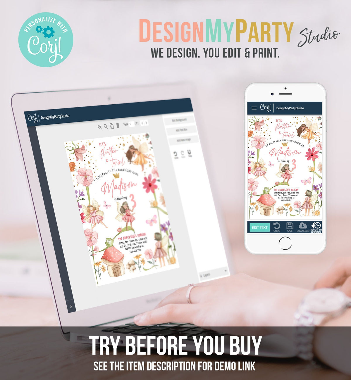 Editable Fairy Princess Birthday Invitation Girl Pink Floral Fairy Party Whimsical Garden Digital Download Evite Template Printable 0406