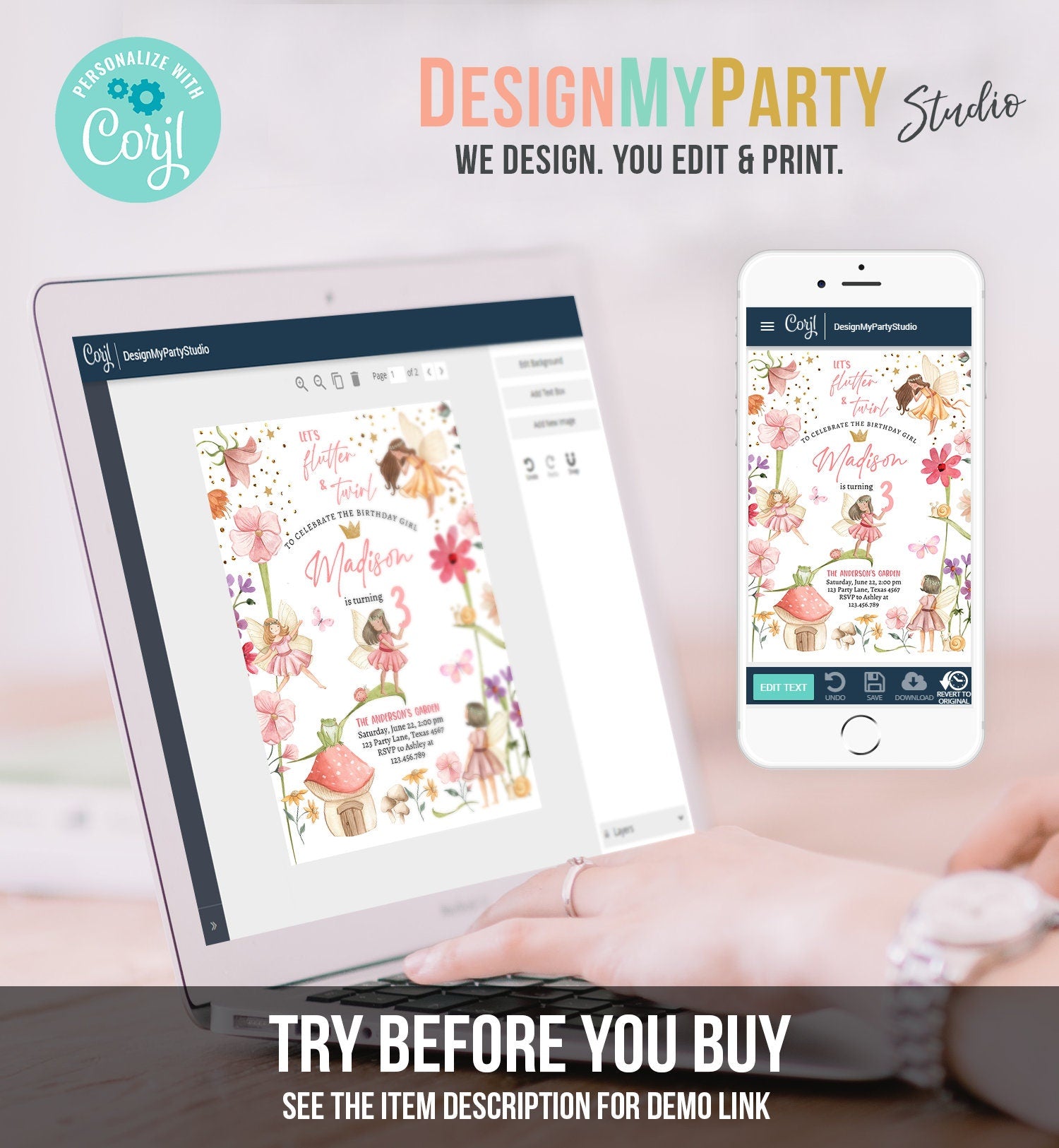 Editable Fairy Princess Birthday Invitation Girl Pink Floral Fairy Party Whimsical Garden Digital Download Evite Template Printable 0406