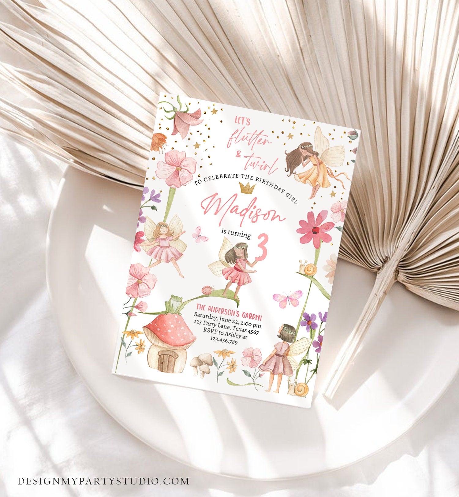 Editable Fairy Princess Birthday Invitation Girl Pink Floral Fairy Party Whimsical Garden Digital Download Evite Template Printable 0406