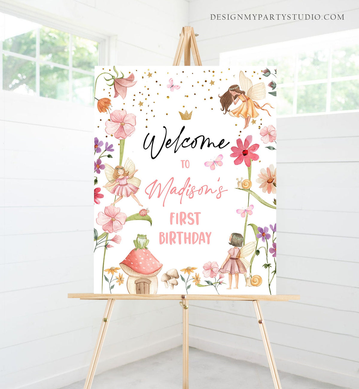 Editable Fairy Birthday Welcome Sign Fairy Garden Sign Whimsical Welcome Enchanted Forest Birthday Girl Pink Template PRINTABLE Corjl 0406