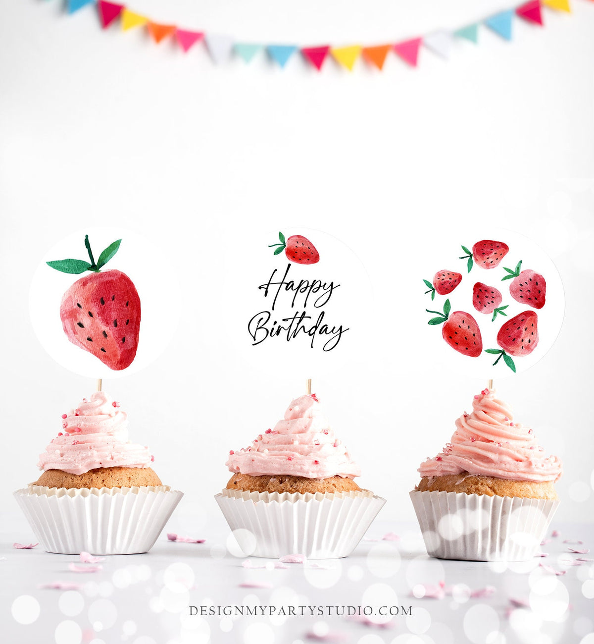 Strawberry Birthday Cupcake Toppers Favor Tags Girl First Birthday Party Decor Berry Sweet 1st Strawberries Digital Download Printable 0399