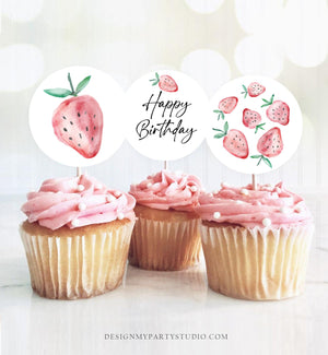 Strawberry Birthday Cupcake Toppers Favor Tags Girl First Birthday Party Decor Berry Sweet 1st Strawberries Download Digital PRINTABLE 0399