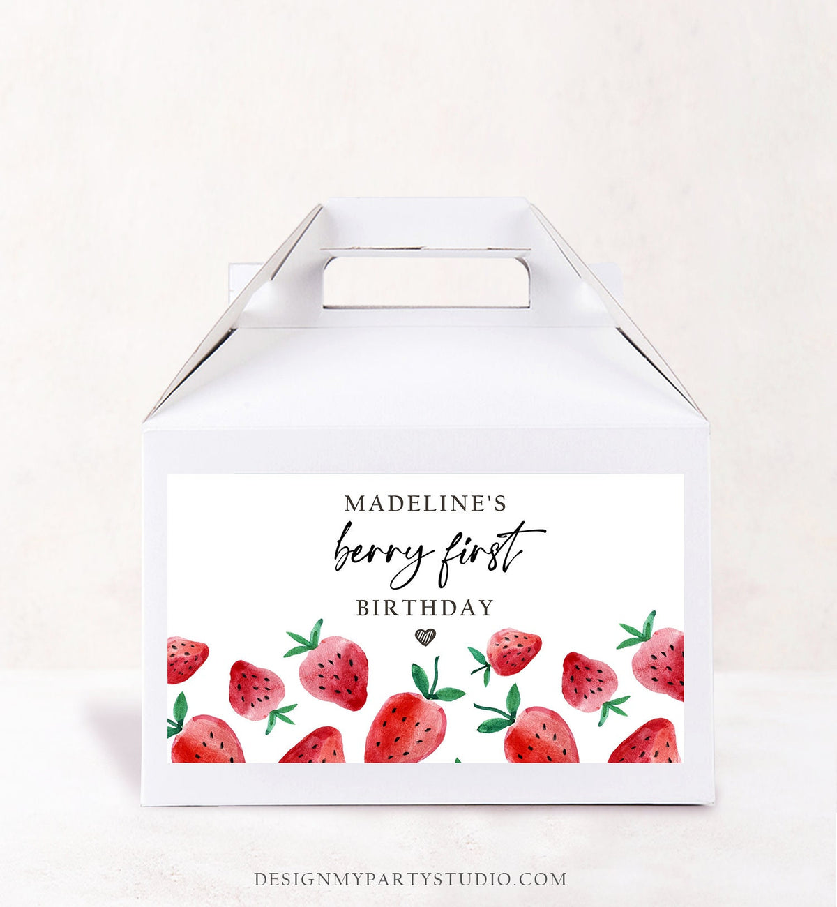 Editable Strawberry Gable Gift Box Label Strawberries 1st Birthday Berry First Treat Box Label Berry Sweet Download Printable Corjl 0399
