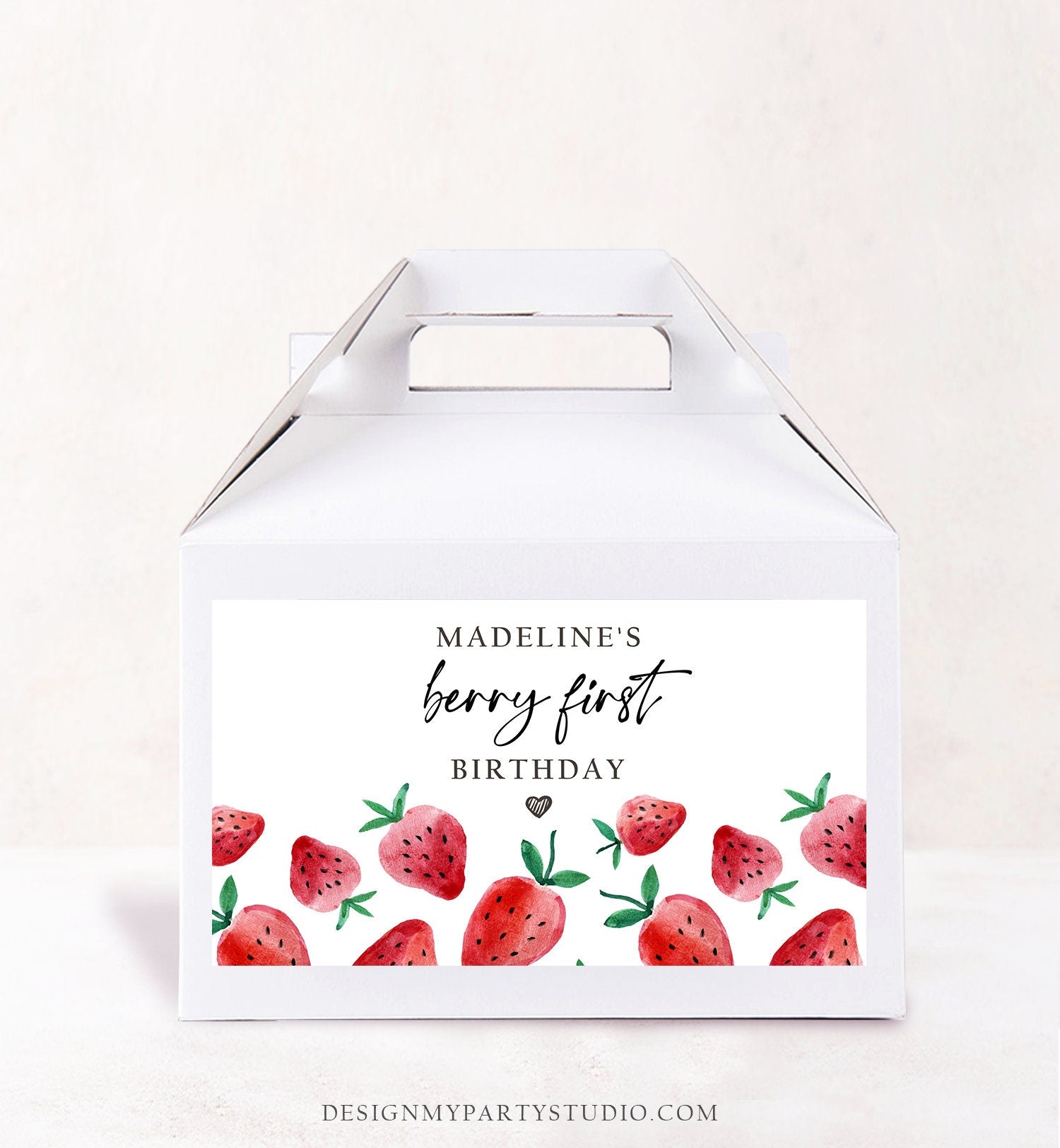 Editable Strawberry Gable Gift Box Label Strawberries 1st Birthday Berry First Treat Box Label Berry Sweet Download Printable Corjl 0399